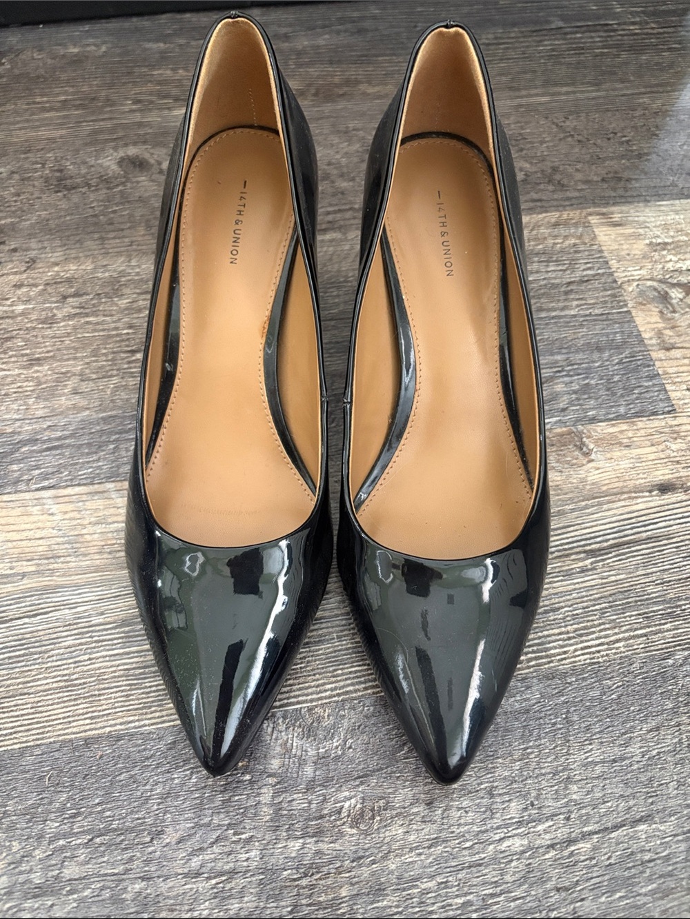 14th & Union Black Patent Pointed-Toe Block Heel Pumps